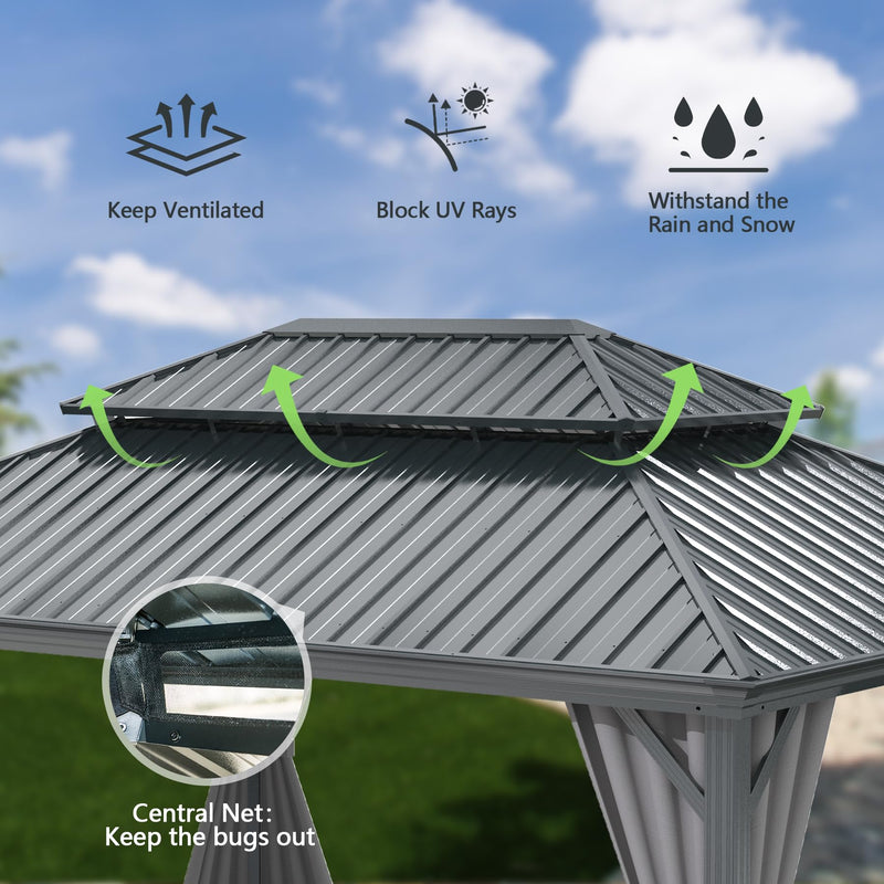 Domi 10x12FT Outdoor Gazebo, Hardtop Gazebo with Galvanized Steel Double Roof, Metal Gazebos with Drainage System Patio Pergola for Patio Deck Backyard,Curtain and Netting,Gray