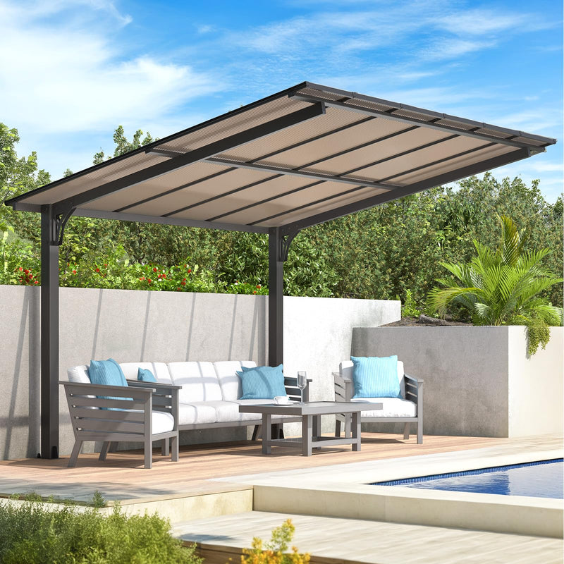 AECOJOY 12' x 10' Gazebo, Outdoor 10x12 Pergola Carport for Patio, Freestanding Lean to Hardtop Gazebo, Pergolas and Gazebos Clearance with Roof, Wall-Mounted Heavy Duty Metal Awnings for Patio, Decks