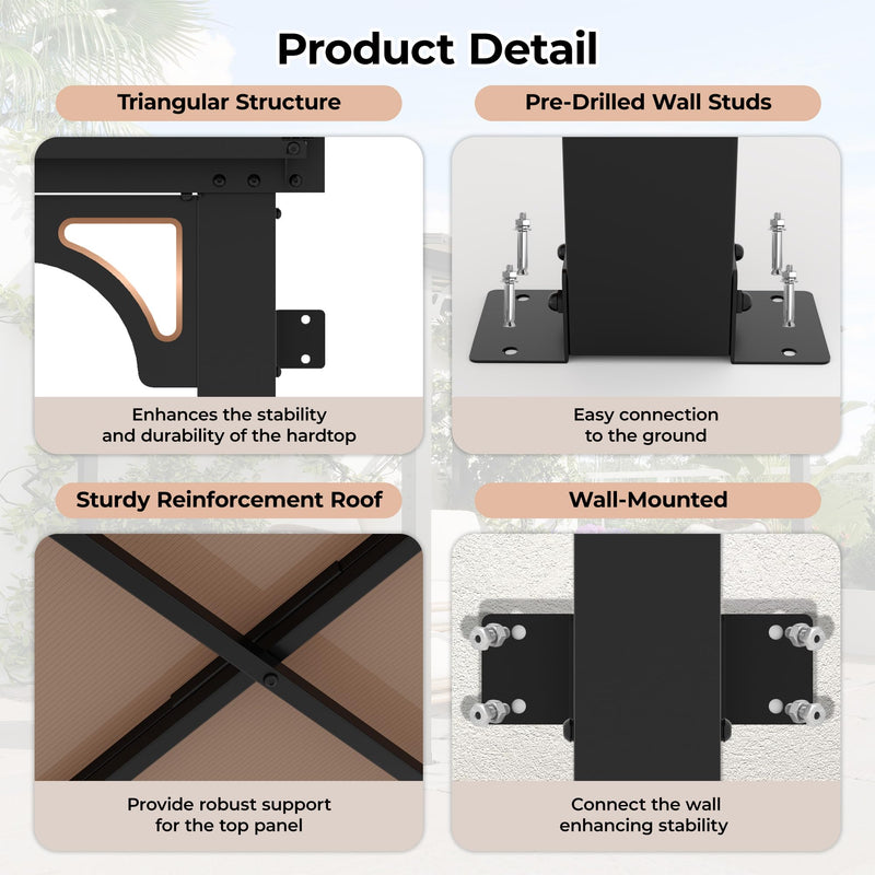 12’ x 20’ Gazebo, Outdoor Pergolas and Gazebos on Clearance, Hard Top Lean to Gazebo with Metal Frame, Pergola Wall Mounted Pergola with Sloped Roof for Patio, Decks, Backyard