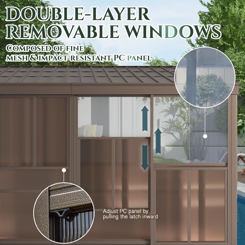 EROMMY 10' x 14' Sunroom, Wall Mounted Gazebo with Galvanized Steel Roof & Aluminum Frame, 3-Sided Sliding Doors, Lean to Gazebo with 6mm Thickened UV-Resistant PC Screen for Patio, Garden, Backyard