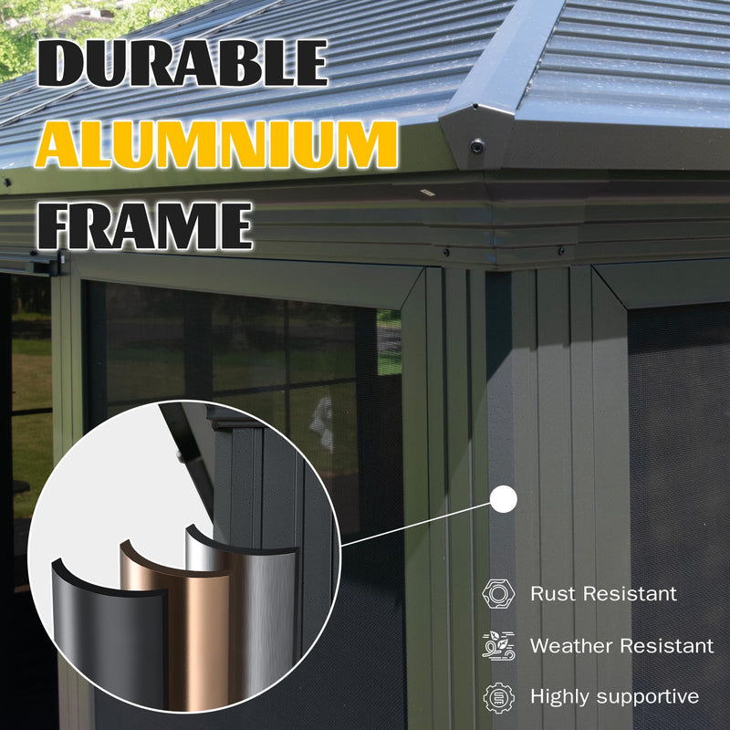 Domi 12x15FT Outdoor Sunroom, All-Season Solarium Gazebo with Galvanized Steel Roof, 4 Sliding Doors, Detachable PVC Screen, Aluminum Permanent Sun Room for Patio Deck Garden