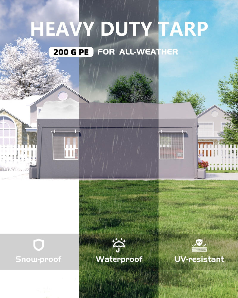 Hipicute 12'x20'x11' Heavy-Duty Portable Garage with Canopy Top, Front and Back Doors, Roll-Up Windows, Carport Shelter Reinforced Structure for Cars, Trucks, Boats, and Parties - Gray