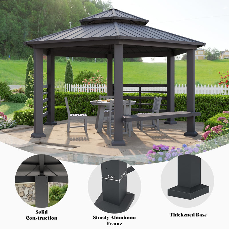AMERLIFE 13X15FT Hardtop Gazebo, Hexagon Metal Patio Gazebo, Double Tiered Patio Pavilion with Aluminum Foot, Dual Rails, Ceiling Hook and Bench for Patio, Garden, Backyard Shade
