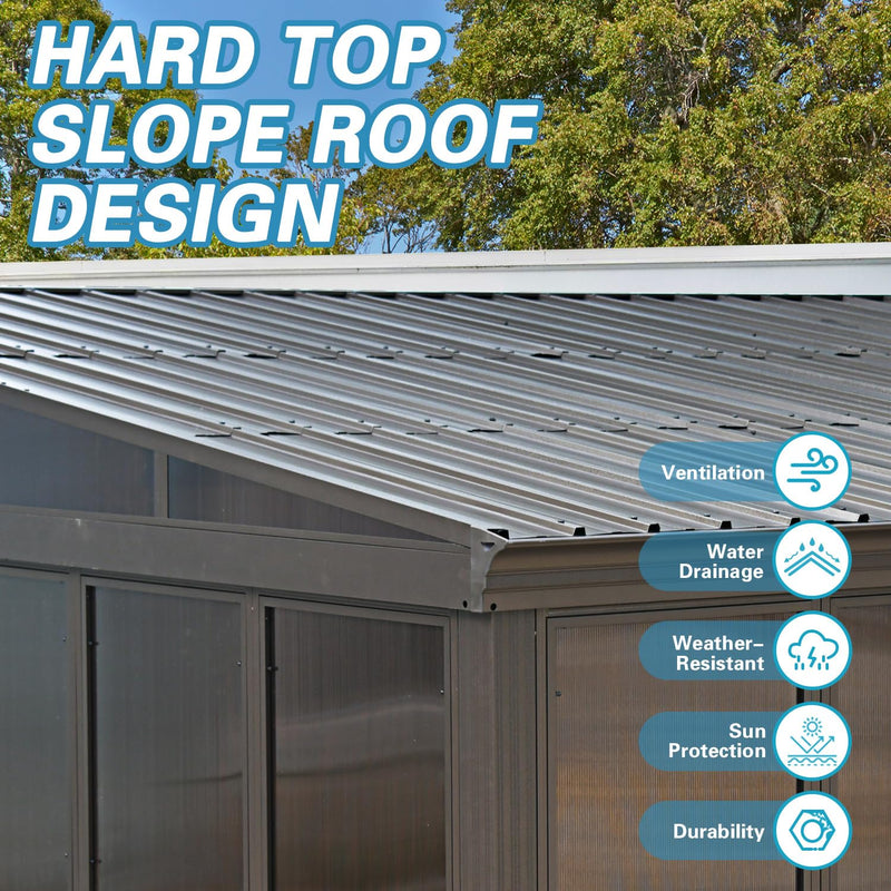 Domi 12x16FT Wall-Mounted Sunroom Gazebo, Aluminum Solarium with Galvanized Steel Sloping Roof, Detachable PC Screens, Front & 2 Side Sliding Doors, Outdoor Sun Room Lean to Gazebo for Patio Deck Lawn