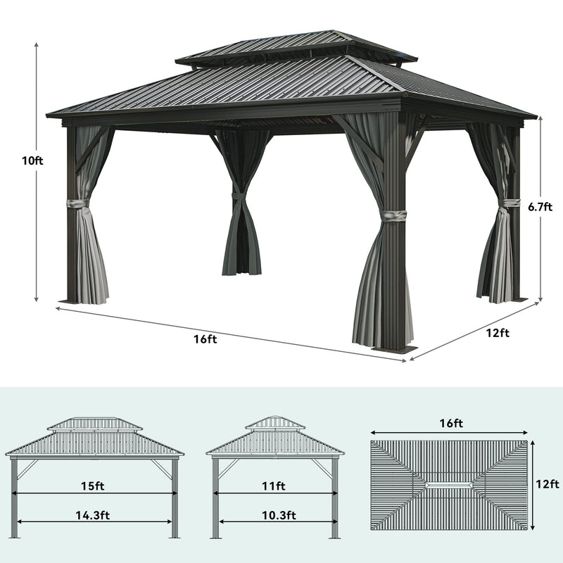 YITAHOME 12x16ft Hardtop Gazebo with Nettings and Curtains, Heavy Duty Double Roof Galvanized Steel Outdoor Combined of Vertical Stripes Roof for Patio, Backyard, Deck, Lawns, Gray