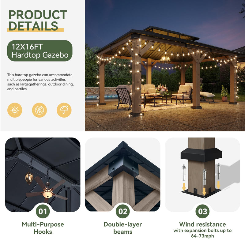 Aoxun 12' x 16' Outdoor Wood Gazebo, Hardtop Gazebo Permanent Wooden Pavilion with Galvanized Steel Double Roof, for Patio, Garden, Backyard, Cedar Wood