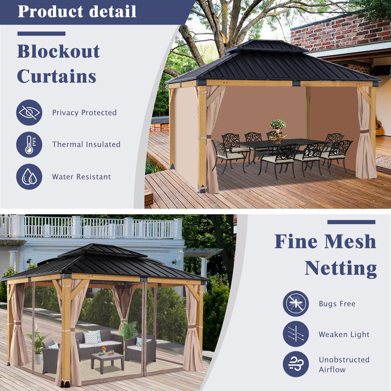 CHARMELEON 10'x12' Wood Gazebo,Patio Cedar Wood Gazebo with Mosquito Netting and Curtains, Galvanized Steel Hardtop Pavilion for Outdoor, Garden, Deck