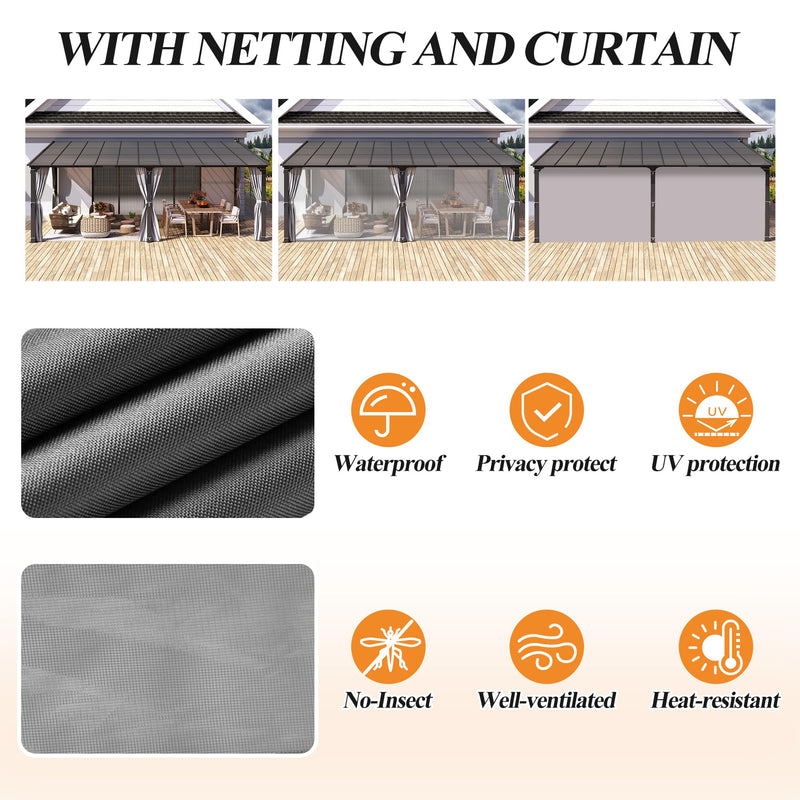 GARTOO 12’ x 20’ Gazebo for Patio - Aluminum Lean to Gazebos Pergola with Sloping Roof, Outdoor Wall-Mounted Canopy Awnings to House for Patio, Garden, Lawn, Backyard Deck