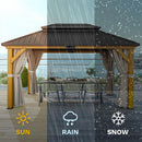 DWVO 13X15FT Gazebo Wood Outdoor Wooden Frame Double Roof Hardtop Galvanized Steel Top Canopy w/Curtain and Netting, Patio Heavy Duty for Deck, Backyard, Beige Yellow