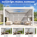 MELLCOM Motorized Louvered Pergola 10x13, Solar and Electric Powered with LED and 4 Side Screens, Aluminum Adjustable Louvered Roof for Outdoor Shelter, Weatherproof, White