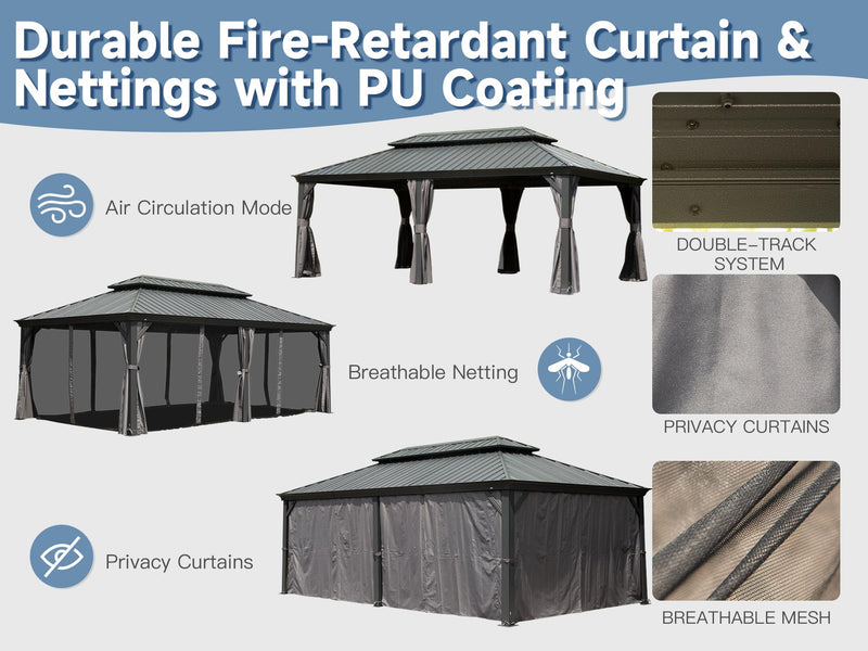 Domi 14' X 20' Hardtop Gazebo Outdoor Metal Gazebo Canopy with Galvanized Steel Double Roof, Aluminum Frame, Curtains and Netting for Patio, Deck, Garden, Grey