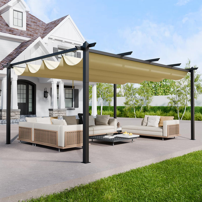 EBE 12'x16' Outdoor Pergola, Metal Patio Pergolas, Heavy Duty Retractable Awning Pergola Sun Shade Canopy for Decks, Gardens and Backyards, Beige