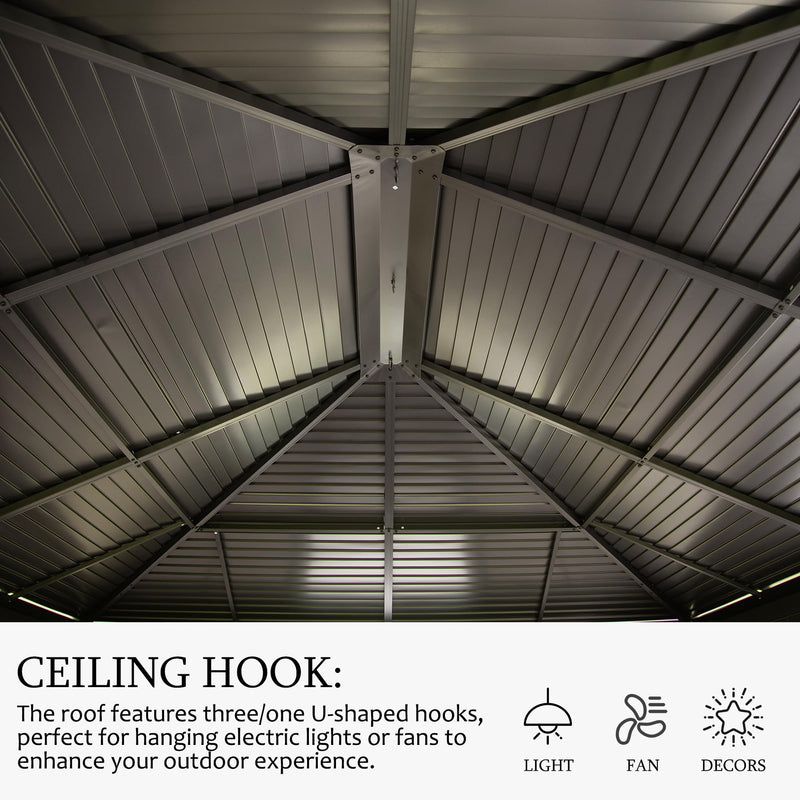 Domi 12x14FT Outdoor Sunroom, Galvanized Steel Hardtop Enclose Gazebo Sloping Roof, All Weather Aluminum Solarium Screen House for Patio Deck Backyard with Lockable Door, Moveable PVC Screen