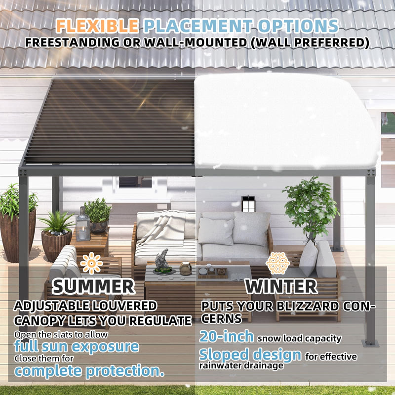 AECOJOY 13' x 10' Louvered Gazebo Pergola, 10x13 Outdoor Hardtop Wall-Mounted Lean to Gazebo with Adjustable Metal Rainproof Patio Roof, Pergolas and Gazebos Clearance, Heavy Duty Awnings for Patio