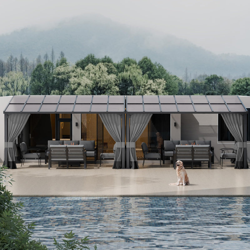 ASJMR 10x28FT Wall Mounted Gazebo Hardtop,Outdoor Wall-Mounted Patio Pergola Metal Frame Double Curtains Gazebo with Sloping Sun Panel Roof for Patio,Garden,Lawn,Pool,Backyard Deck, Sand