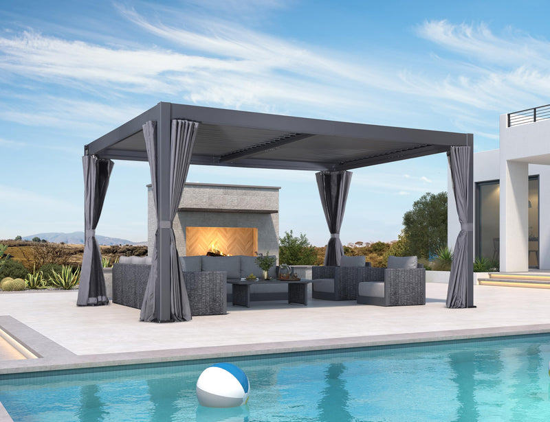 PURPLE LEAF Louvered Pergola 12' x 16' Outdoor Aluminum Modern Gray Pergola with Privacy Curtains and Mesh Netting Adjustable Louvered Roof Durable All-Weather Gazebo