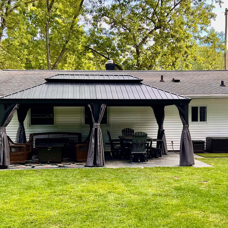 Domi 12' x 20' Hardtop Gazebo Permanent Metal Gazebo with Galvanized Steel Double Roof, Curtains and Netting for Patio, Backyard, Deck, Lawn, Grey