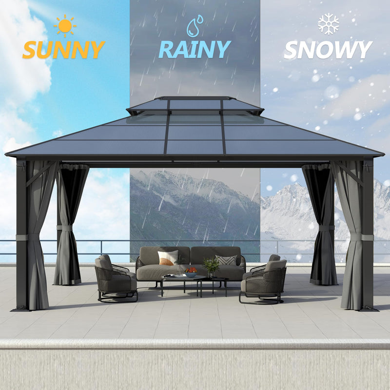 GARTOO 12x16FT Polycarbonate Hardtop Gazebo with Double Roof - Heavy-Duty Steel Frame Gazebo with Breathable Netting & Privacy Curtain for Patio, Porch, Garden, Lawn, Deck, Backyard