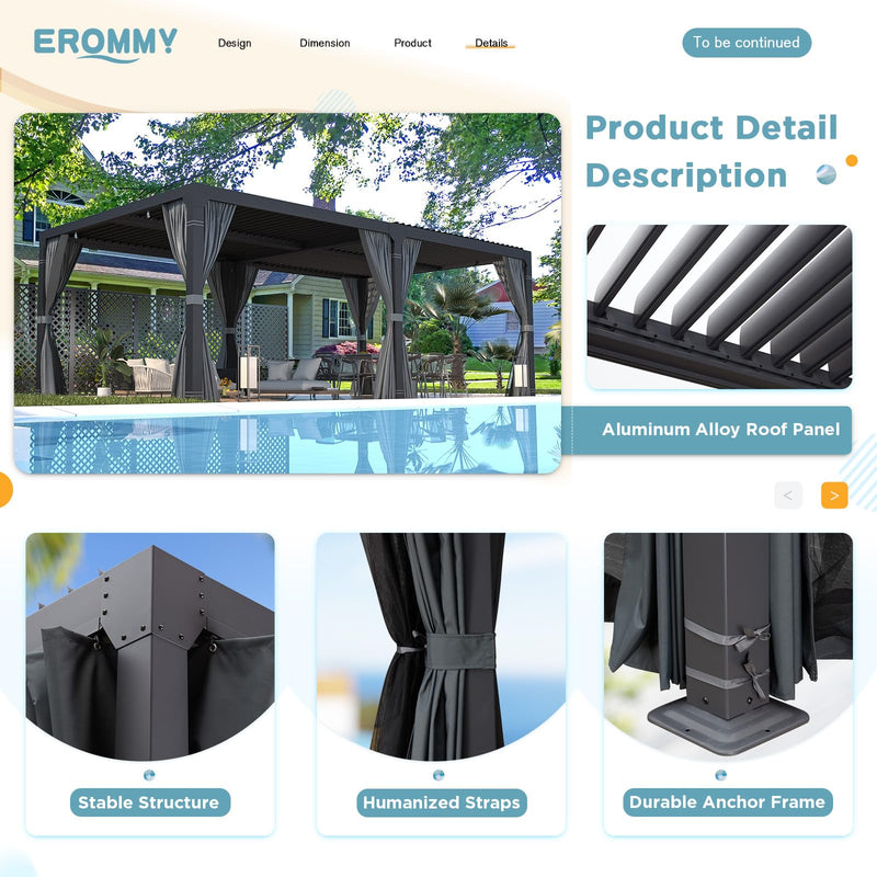 EROMMY Louvered Pergola 12' x 24' Outdoor Hard Top Pergola with Aluminum Frame and Adjustable Metal Rainproof Roof for Garden & Patio, Curtains and Netting Included, Gray-Black