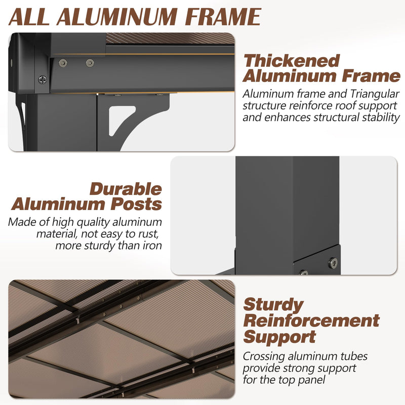 Raysfung 12x14FT Outdoor Wall-Mounted Hardtop Gazebo, Aluminum Frame Lean to Gazebo with Polycarbonate Roof and Curtains for Patio, Garden, Deck