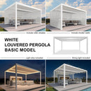 PURPLE LEAF Louvered Pergola 12' x 16' Outdoor White Aluminum Pergola with Fixed Shutter Wall Adjustable Roof Gazebo for Patio Backyard, 1 Long Side and 1 Short Side