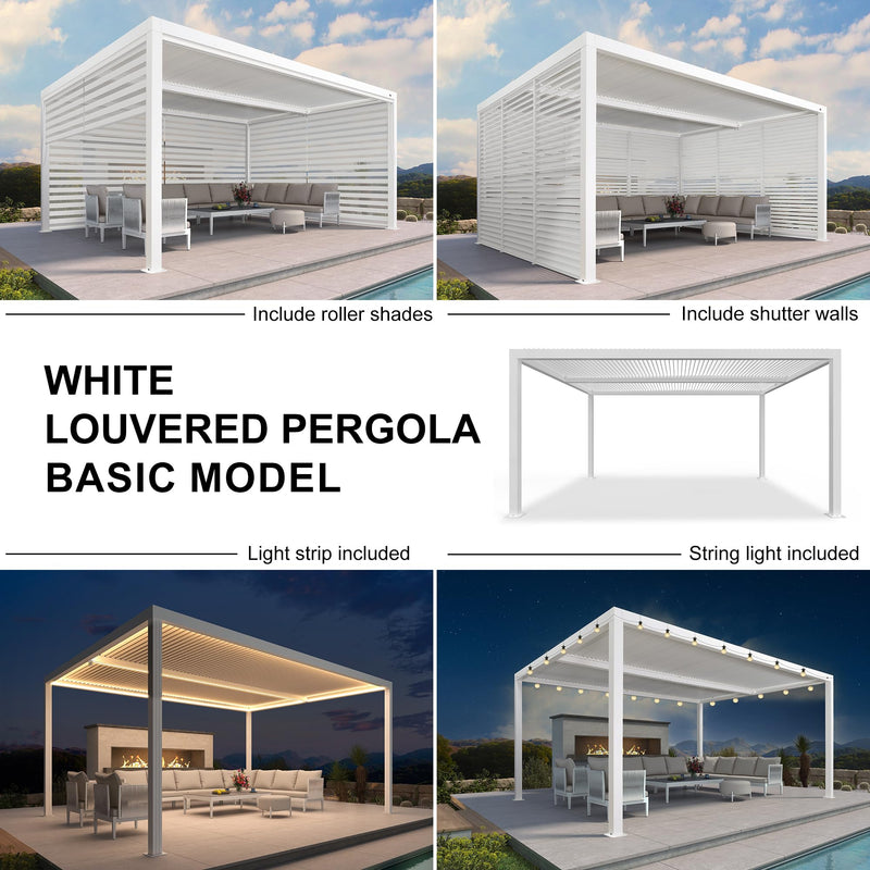 PURPLE LEAF Louvered Pergola 12' x 16' Outdoor White Aluminum Pergola with Fixed Shutter Wall Adjustable Roof Gazebo for Patio Backyard, 1 Long Side and 1 Short Side
