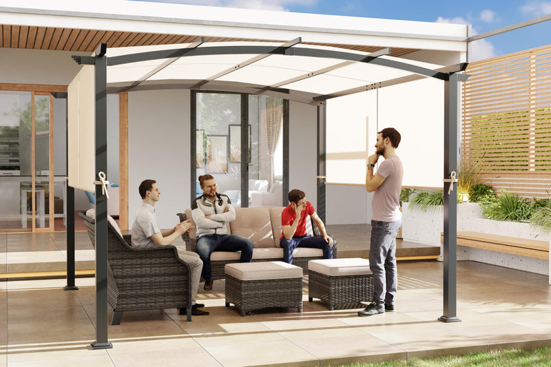 Meetleisure 10' x 10' Arched Top Outdoor Pergola, Pergola Canopy with with Adjustable and Retractable Canopy for Patio Use, Metal Pergola with Durable and Sturdy Frame & Water-Resistant Canopy, Beige