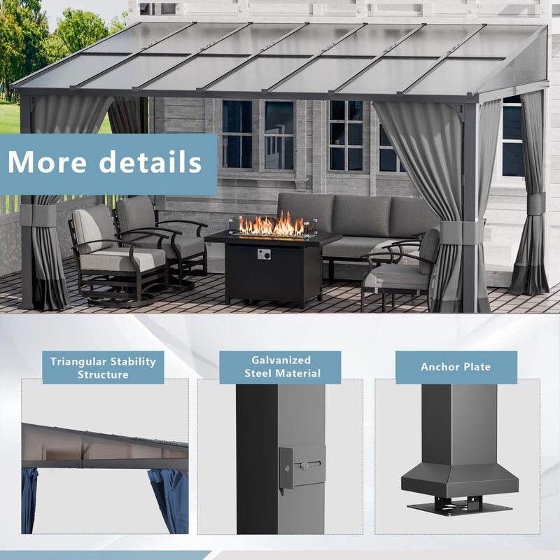 ALAULM 10'x 14' Outdoor Hardtop Pergola,Wall Mounted Lean to Gazebo with Curtains and Netting,Galvanized Metal Frame,Sunshade for Patio, Backyard, Deck and Lawns-Gray