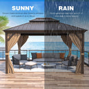 YOLENY 12' x 14' Hardtop Gazebo, Galvanized Steel Metal Double Roof Aluminum Frame Gazebo with Curtain and Netting, Permanent Pavilion Pergola for Outdoor, Patio, Garden, Lawn, Pool Side, Brown