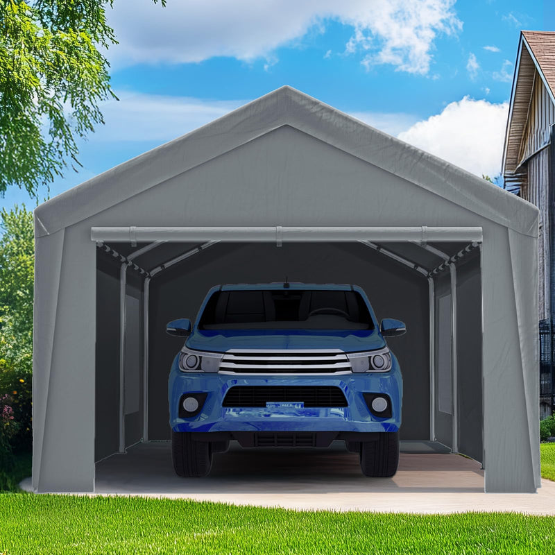 Quictent 12x20 ft Heavy Duty Carport Canopy Galvanized Car Tent Outdoor Garage Boat Shelter with Reinforced Structure with Roll-up Ventilated Windows Sidewall - Gray