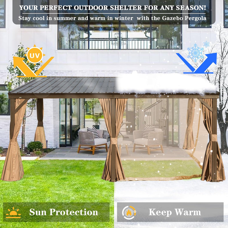 Domi 12x16FT Wall-Mounted Hardtop Gazebo, Aluminum Lean to Gazebo with Galvanized Steel Sloping Roof, Curtains & Netting for Outdoor Patio, Deck, Backyard, Garden Parties