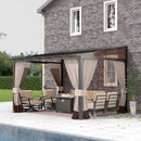 Gotland 10FTx12FT Outdoor Wall-Mounted Hardtop Pergola, Metal Frame Gazebo with Sloping Sun Panel Roof and Double Curtains for Patio, Garden, Lawn, Khaki