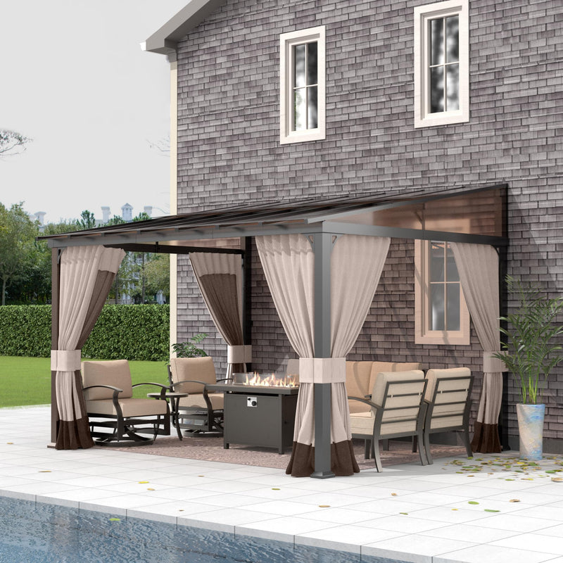Gotland 10FTx12FT Outdoor Wall-Mounted Hardtop Pergola, Metal Frame Gazebo with Sloping Sun Panel Roof and Double Curtains for Patio, Garden, Lawn, Khaki