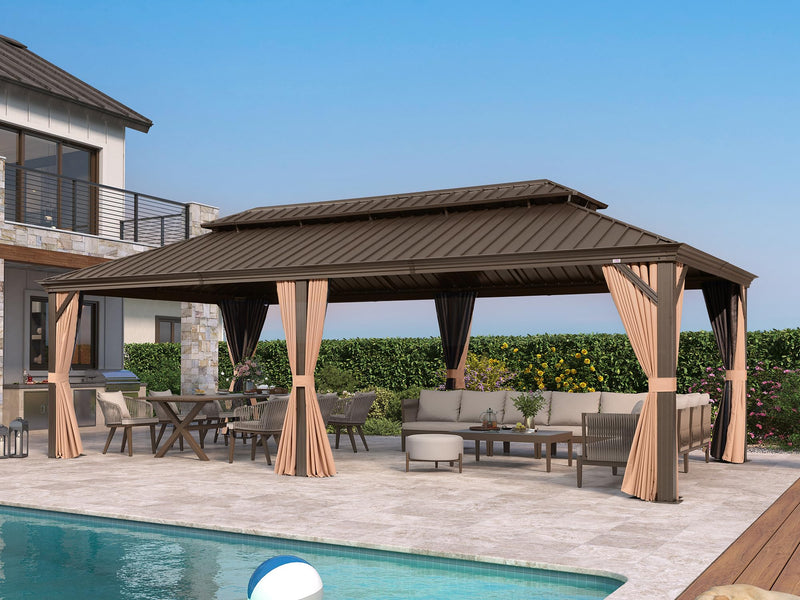 PURPLE LEAF 14' X 28' Outdoor Hardtop Gazebo Patio Wide Aluminum Frame Galvanized Steel Double Roof with Heavy Duty Netting and Curtains for Permanent Hard Top Pavilion Screen Khaki