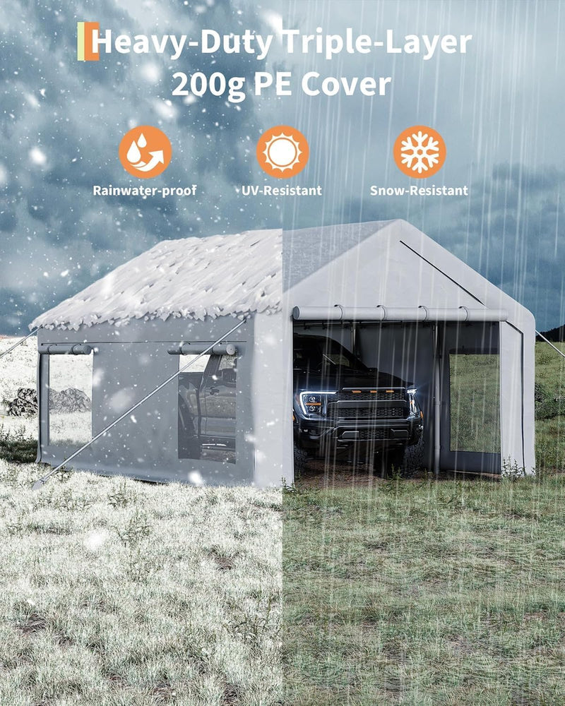 12 x 20FT Heavy Duty Carport with Roll-Up Windows, Portable Garage with Removable Sidewalls & Doors, Portable Car Tent Garage with Roll-Up Windows and All-Season Tarp, for Car, Truck,