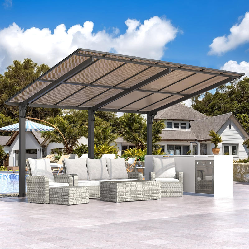 AECOJOY 14' x 10' Gazebo for Patio, Hard Top Lean to Gazebo Pergola Carport, Freestanding Shelter Pergolas and Gazebos Clearance with Patio Roof, Wall-Mounted Heavy Duty Awnings for Patio, Decks