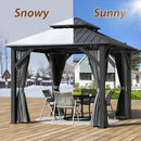 8.5' x 8.5' Hardtop Gazebo, Galvanized Steel Double Roof Gazebo with Nettings and Curtain Outdoor Aluminum Frame Vertical Stripes Roof Gazebos for Patio, Backyard, Lawn