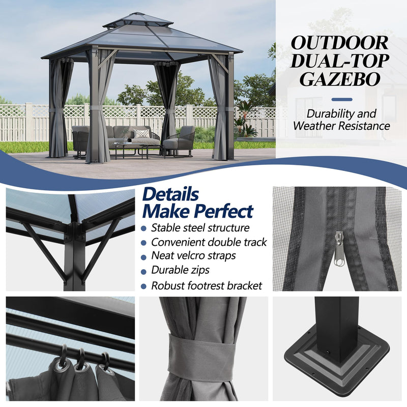 GARTOO 10x10FT Polycarbonate Hardtop Gazebo with Double Roof - Heavy-Duty Steel Frame Gazebo with Breathable Netting & Privacy Curtain for Patio, Porch, Garden, Lawn, Deck, Backyard
