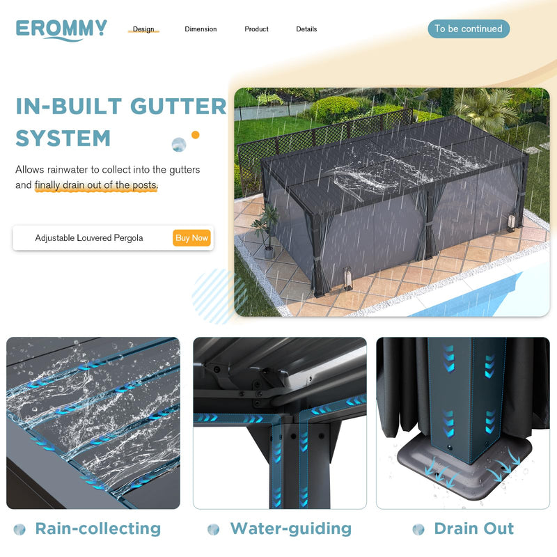 EROMMY Louvered Pergola 12' x 24' Outdoor Hard Top Pergola with Aluminum Frame and Adjustable Metal Rainproof Roof for Garden & Patio, Curtains and Netting Included, Gray-Black