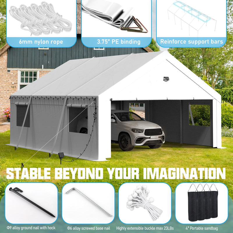 Benass 20x20 Carport, Heavy Duty Carport Canopy Garage with Removable Sidewalls and Drive Through Roll Up Doors Zipper, White