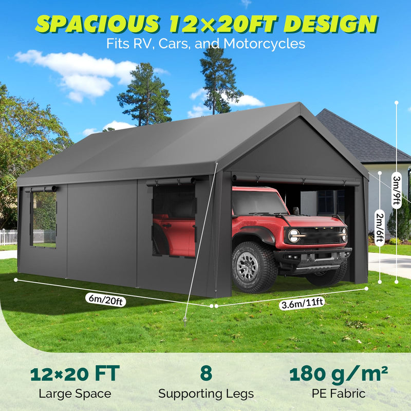 Velway Carport 12x20ft Heavy-Duty Canopy - Portable Garage Metal Carport Featuring Galvanized Frame Waterproof & UV-Protected Tarp with Removable Sidewalls & Doors for Car, Truck, Boat