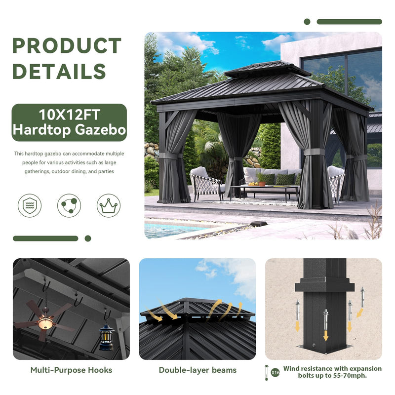 Aoxun 10' X 12' Hardtop Gazebo, Aluminum Outdoor Gazebo with Galvanized Steel Double Roof Canopy, Permanent Metal Pavilion with Privacy Curtain and Netting, for Garden, Backyard, Square Foundation