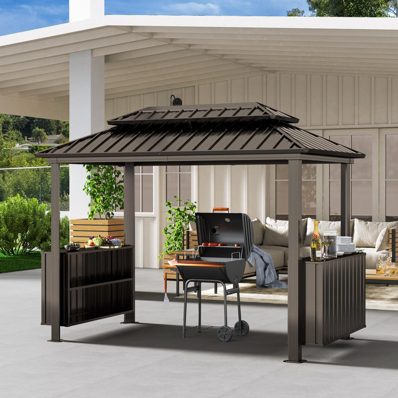 Domi 6x10FT Hardtop Grill Gazebo, BBQ Gazebo with Double Galvanized Steel Roof, 2 Storage Cabinets and Ceiling Hooks, Outdoor Grill Shelter for Backyard, Lawn and Garden(Brown)