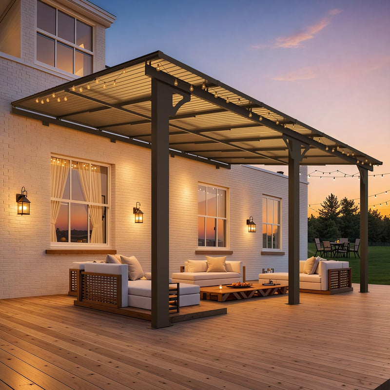 AECOJOY 10' x 14' Adjustable Height Outdoor Lean to Gazebo Pergola for Patio, Large Wall-Mounted 8.1-9.8 Ft Hard Top Metal Heavy Duty Metal Awnings Shelter Pergolas and Gazebos Clearance with Roof