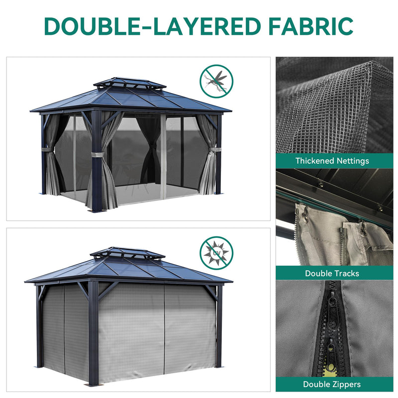 YITAHOME 10x13FT Gazebo Polycarbonate Hardtop Double Roof Canopy Outdoor with Netting and Shaded Curtains, Aluminum Frame Garden Tent for Patio, Backyard, Deck and Lawns, Grey