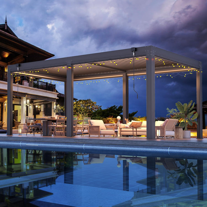 MELLCOM 10x20FT Louvered Pergola with 6 Pull-Down Screens, Aluminum Pergola with Adjustable Rainproof, Dark Gray