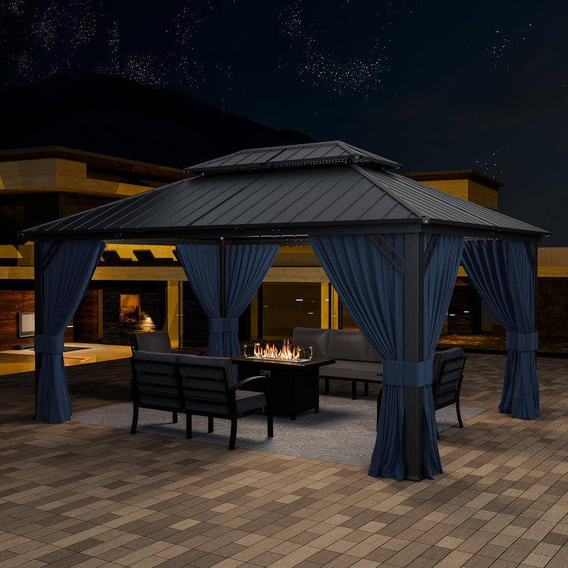 ASJMR 12x16ft Gazebo Metal Roof Hardtop Gazebo, Aluminum Outdoor Pergola with Curtains and Netting, 2-Layer Hard top Galvanized Iron Pergola Suitable for Courtyards, Backyards,Decks,and Grass,Pool