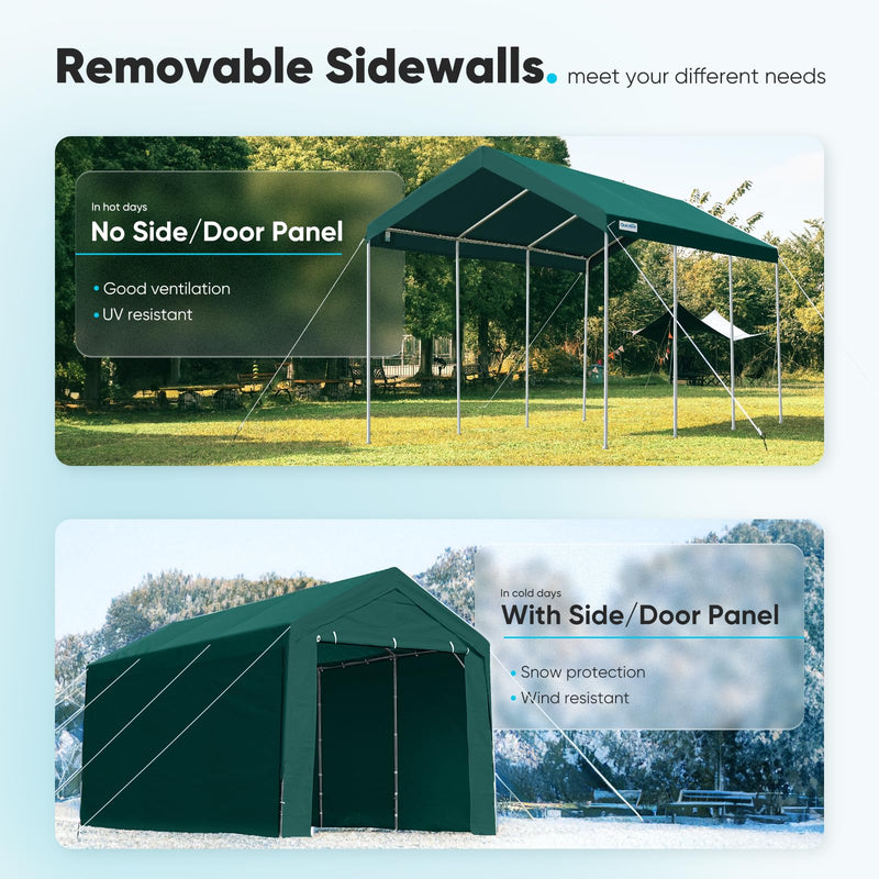 PEAKTOP OUTDOOR 12x20 ft Heavy Duty Carport with Removable Sidewalls, Portable Car Canopy, Garage Tent, Boat Shelter with Reinforced Triangular Beams, Green