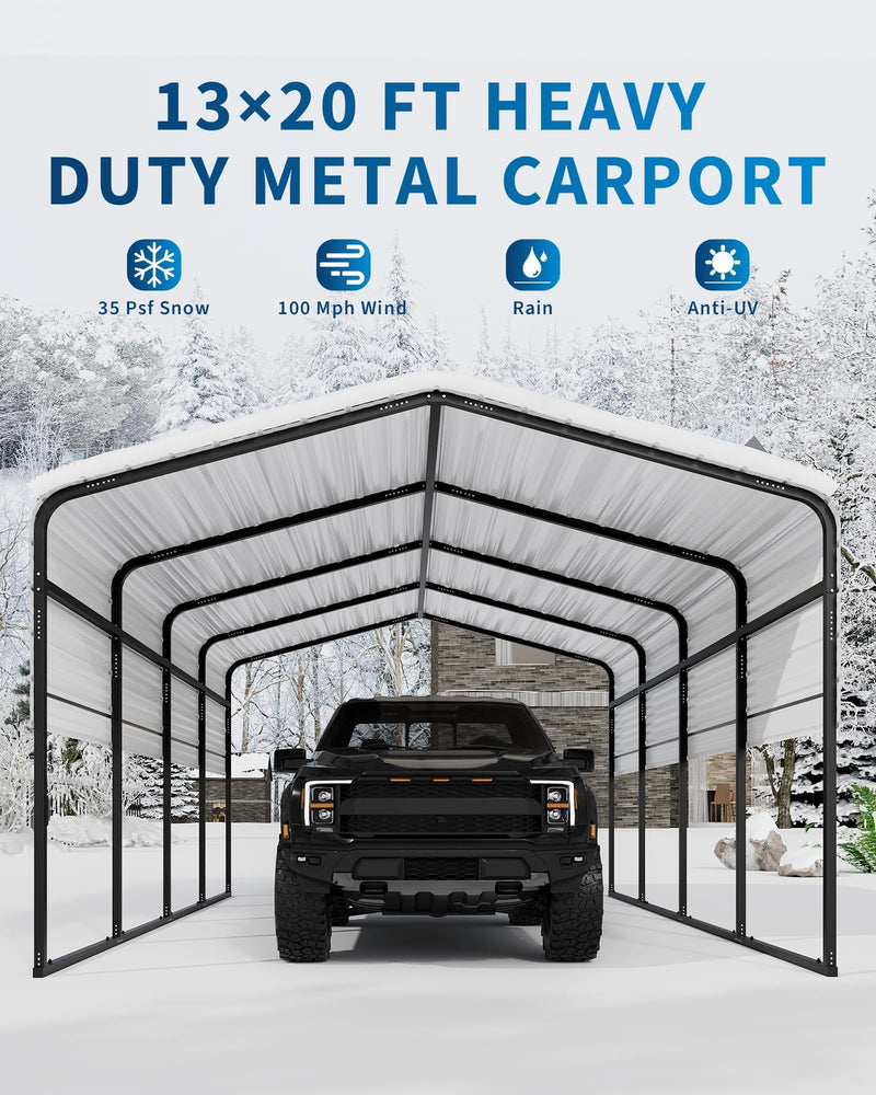KOKEBREN Metal Carport, Outdoor Car Port Canopy with Reinforced Base and Galvanized Steel Roof, Heavy Duty Garage Car Shelter Shade for SUV, Truck, Boats, 13x20 FT