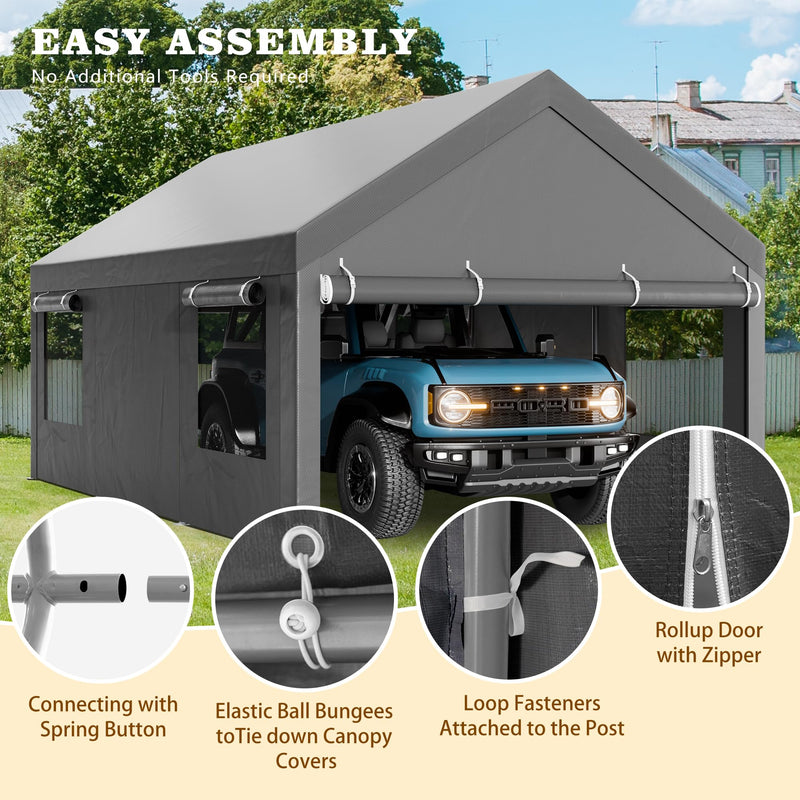 Walsunny Carport, 12x20 ft Heavy Duty Carport Canopy with Roll-up Windows, Portable Garage with Removable Sidewalls & Doors, Car Canopy with All-Season Tarp for Car, Truck, Boat